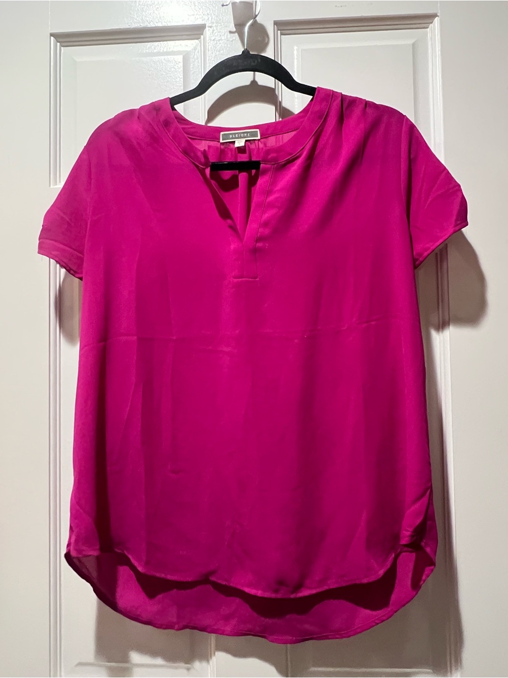 Pleione Fuchsia Split V-Neck Short Sleeve Blouse